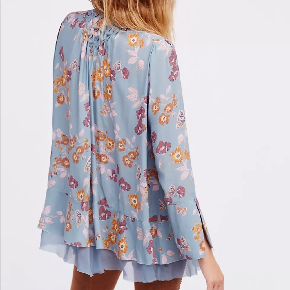 Free People Pebble Crepe So Fine Smocked Tunic Top Floral Blue Blouse Sm… - Picture 3 of 13